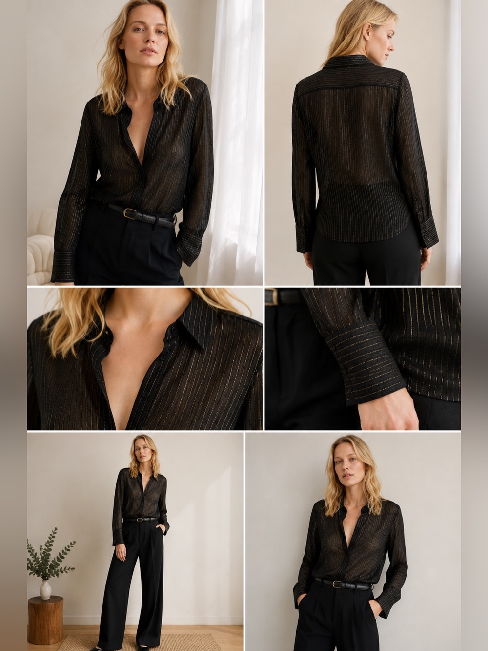 Nili Lotan Gaia Slim Shirt L Black Gold Metallic Stripe Silk Button Down